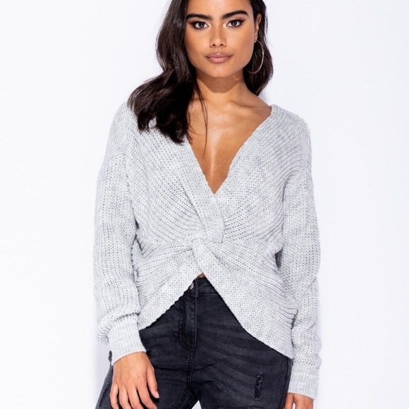 ELIZA Grey Knot Front Sweater - Picture 2 of 4